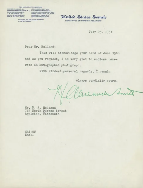 Senator H. Alexander Smith Signed Letter
