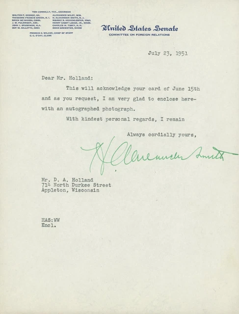 Senator H. Alexander Smith Signed Letter