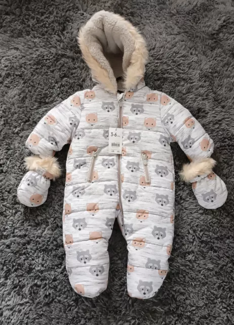 BNWT Mothercare Baby Girls Boys Cute Foxes snowsuit pramsuit, age 3-6 months