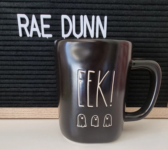Rae Dunn Halloween Decor EEK! Coffee Cup Mug Black with White Letters + 3 ghosts