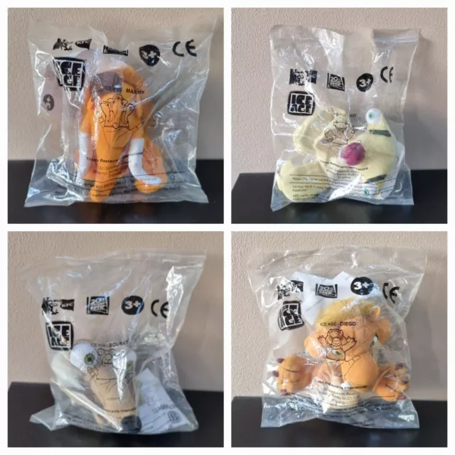 4/4 Complete Set Ice Age Soft Toy Finger Puppets Diego Sid Squrat Manny 2002 KFC