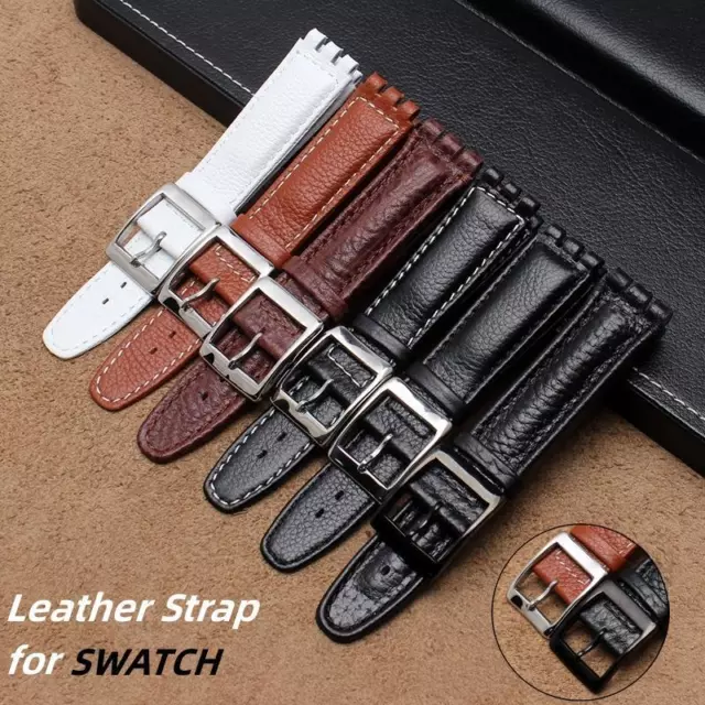 Replacement For Swatch 17mm Genuine Brown Black Leather Watch Strap Wrist Band