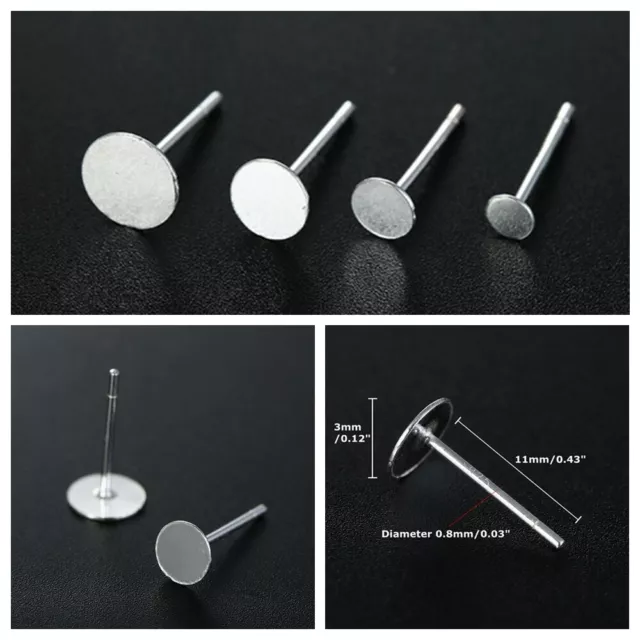 DIY Ear Craft Stud Pin Earrings Posts Flat Pad 925 Sterling Silver 20Pcs