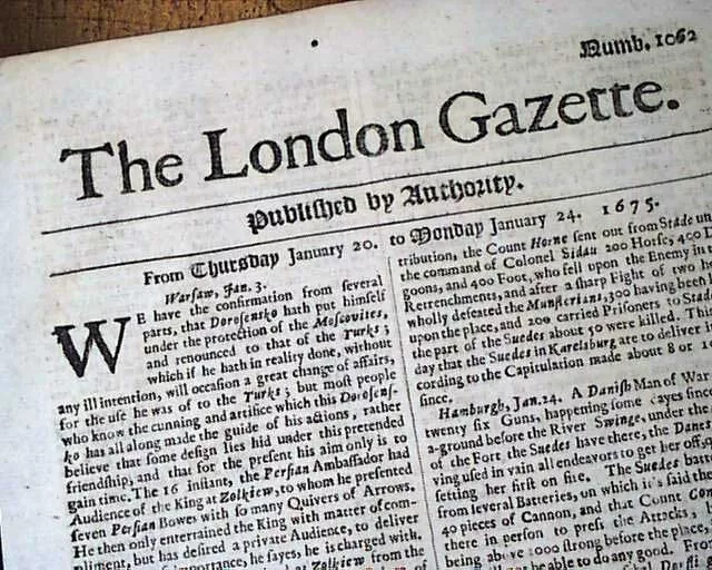 Early Rare 17th Century 349 Years old London Gazette England RARE 1675 Newspaper