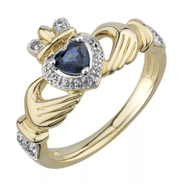 14K or Jaune Plaqué Simulé Saphir et Diamant Coeur Claddagh Promesse Bague