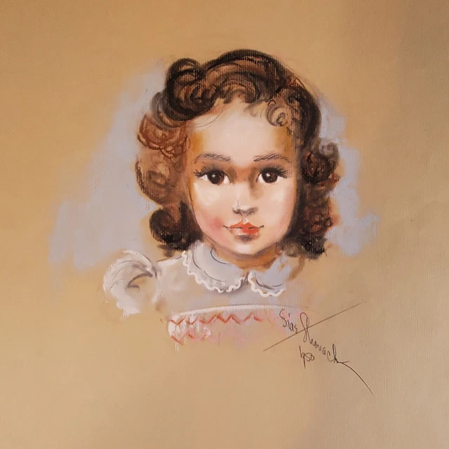 ORIGINAL MID CENTURY Pastel Drawing Young Girl Child Art Portrait
