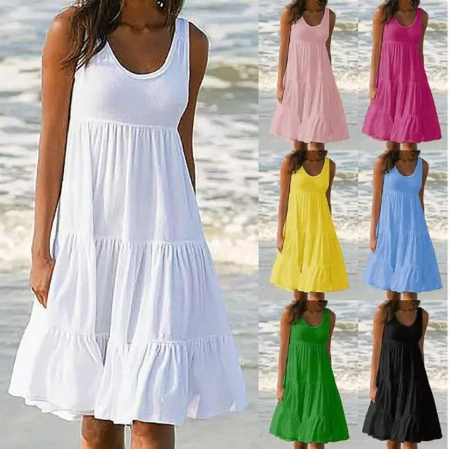 Womens Summer Holiday Beach Strappy Dress Ladies Casual Pullover Ruffle Sundress