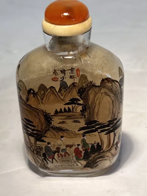 antique chinese Very Fine Interior Painted Snuff Bottle Riders In Mountains 3”