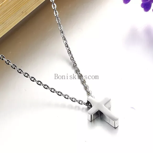 Silver Stainless Steel Simple Plain Cross Pendant Necklace Men's Women's Jewelry 2