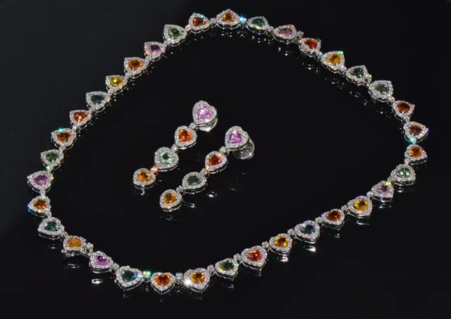 Certified Natural 33CTS Diamond Sapphire 18K Gold Necklace Bracelet Earrings Set