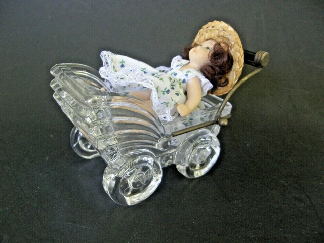 Vintage Dollhouse Crystal Baby Carriage With Cobalt Blue Handle & Porcelain Doll