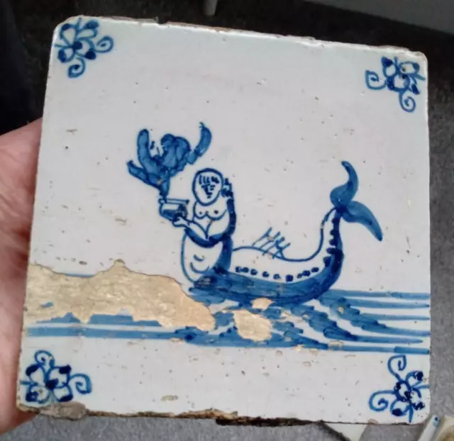 Antique Dutch Blue & White  Delft Tile 5 inch square CRUDE MERMAID / MERMAN