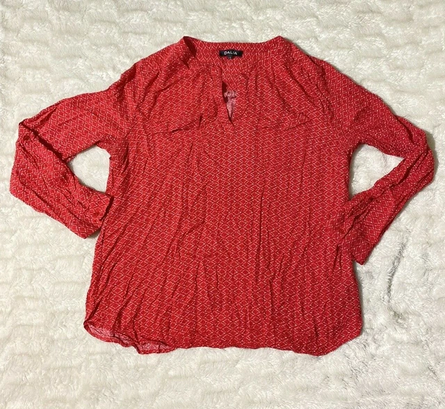 Dalia Top Womens Large Blouse Red Lattice Peasant Style V-Neck 3/4 Sleeve Shirt