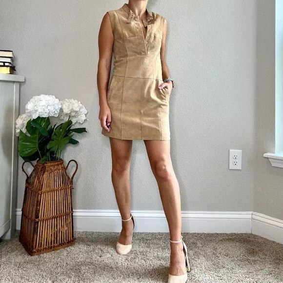Bebe Y2K Genuine Suede Leather Mini Dress Size 2 Pockets Tan Color