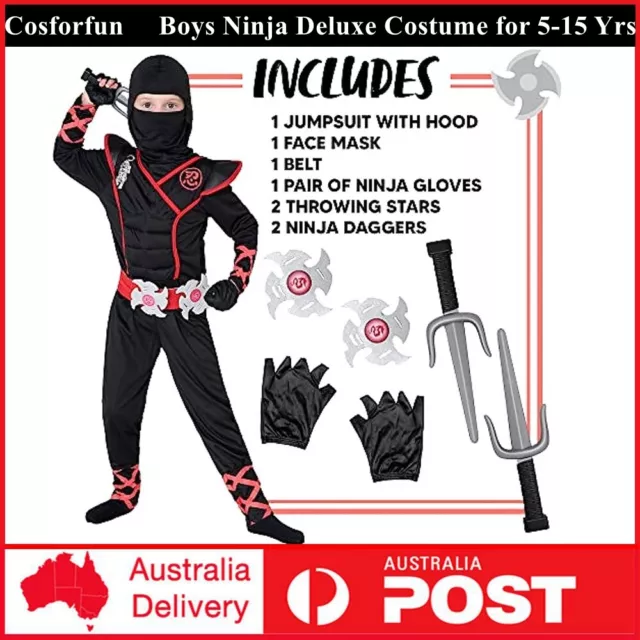 Boys Stealth Ninja Costume Kids Japanese Fighter Warrior Book Week Kungfu Weapon