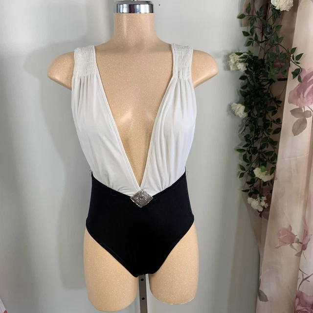 Yves Saint Laurent YSL Vintage 1980s Plunge Swimwear Swimsuit Nylon One piece
