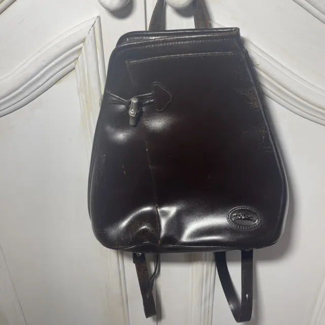 Auth Brown Roseau Leather Longchamp Backpack Bag Purse Vintage