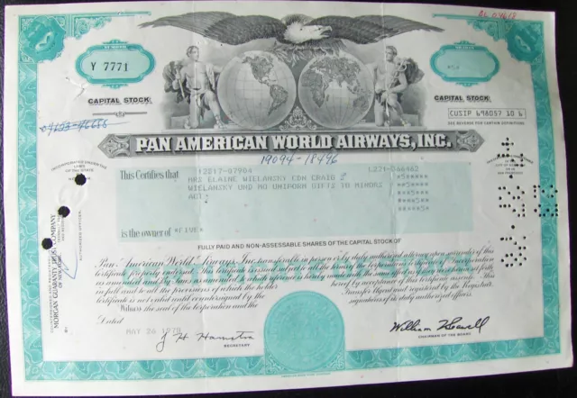 Lot of 5 Stock certificates Pan Am - Pan American World Airways, Inc, 1978