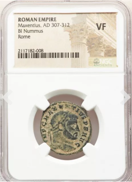 Maxentius AD 307-312 Roman Empire Bi Nummus, Rome Caesar Hexastyle Temple NGC VF 3