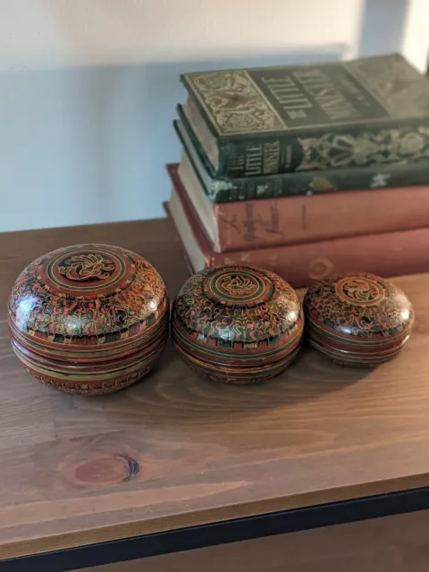 Antique hand painted lacquer Burmese nesting bowls boxes Set 3 in 1  Lacquerware