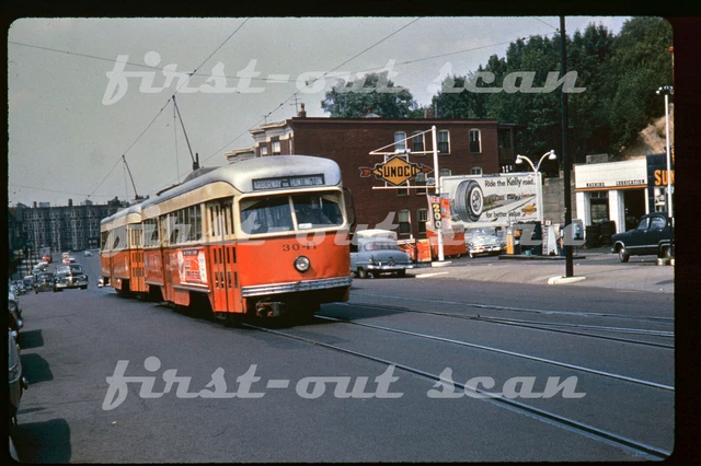 R DUPLICATE SLIDE - MBTA Boston 3041 PCC Trolley by Sunoco Gas Station