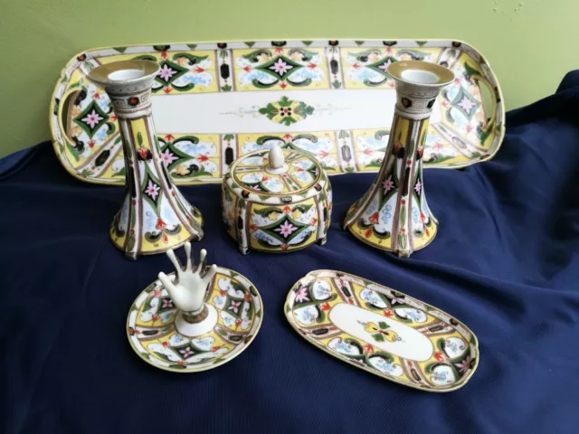 Noritake Art deco style set. Candlesticks, pot, hand ring pot & jewellery tray
