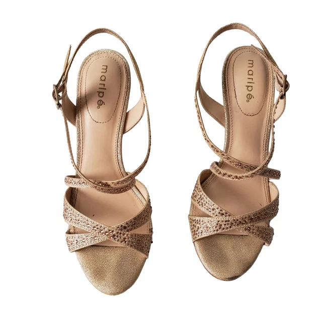 Women Gold Rhinestone heel Strappy shoes Formal Party  size 7