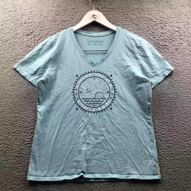 Life is Good T-Shirt Women's Medium M Short Sleeve V-Neck Graphic Logo Blue