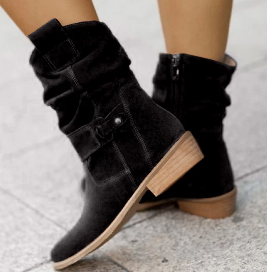 Womens Faux Leather Pull On Thick Heels Round Toe Mid-Calf Boots Size US 5-10.5