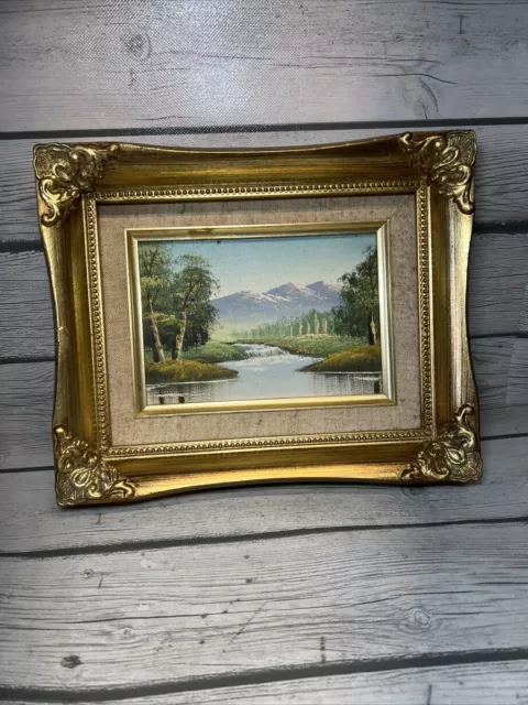 Vintage Oil Painting Ornate Gold Frame Linen Landscape Mountain Forest River Art