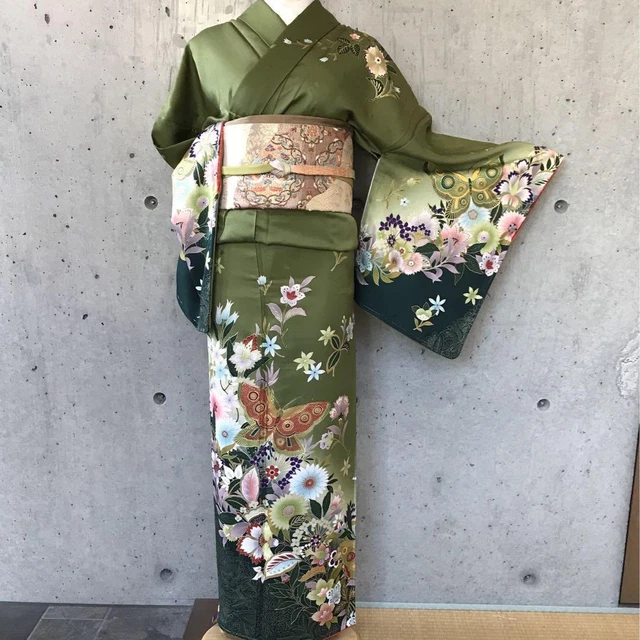 Japanese Kimono Green Flower Silk Women 167cm Antique
