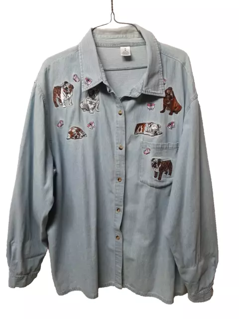 Ladies Denim Button Up Shirt with Embroidered Bulldogs. Long Sleeve Size XL