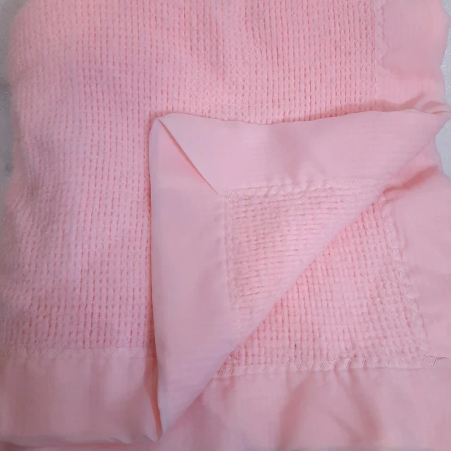 Vintage Baby Morgan Blanket pink Cozy Waffle Knit 100% Orlon Made USA Satin Trim