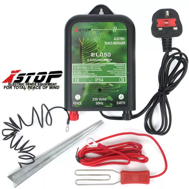 X-Stop Mains Electric Fence Energiser EL050 10Km Range 230v 0.5J CE Stake Leads