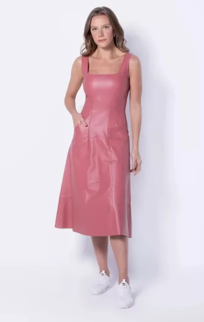 New Halloween Stylish Lambskin Barbie Pink Hot Party Leather  Women's Soft Dress