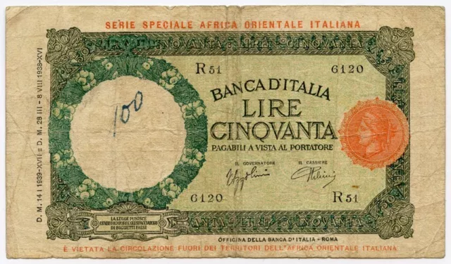 Billete de 50 liras de África Oriental Italiana 1939 raro, elección nítida en estado bastante bueno/en muy buen estado. PICK#1b.