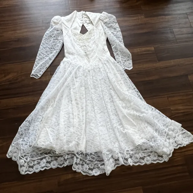 Vintage 1980s Lilia Smitty White Lace Country Western Prairie Wedding Dress M/L
