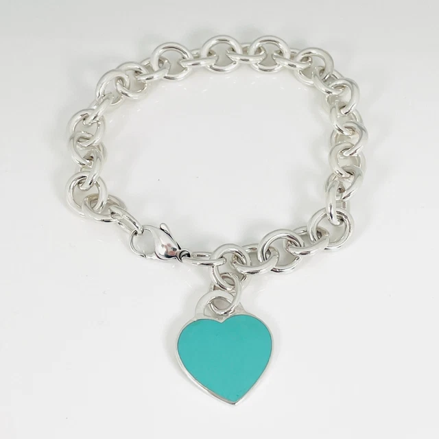 Large 8.5" Return to Tiffany Blue Enamel Heart Tag Charm Bracelet in Silver