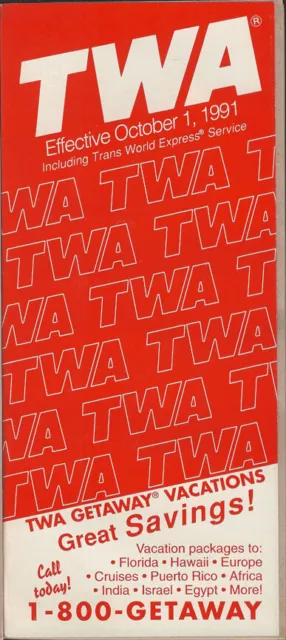TWA Trans World Airlines system timetable 10/1/91 [308TW] Buy 4+ save 25%