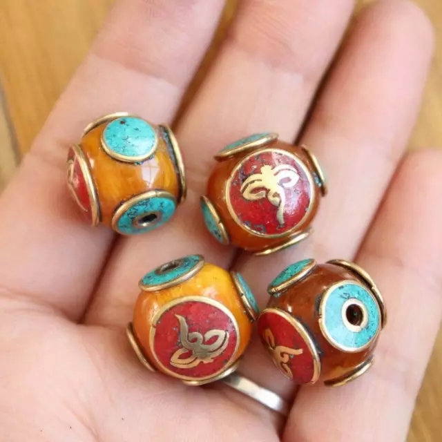 BD227 Tibetan Brass Resin Amber Buddha Eye 16mm Round Diy Jewelry Beads 4 PCS