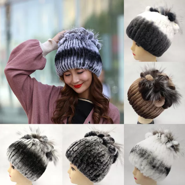 Winter Women Warm Rex Rabbit Fur Hat Beanie Hat Outdoor Fluffy Knitted Hat Cap