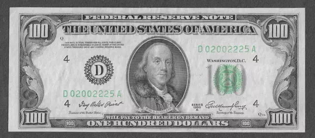 FR 2158-D AU $100 Cleveland Series 1950A Green Seal Federal Reserve Note
