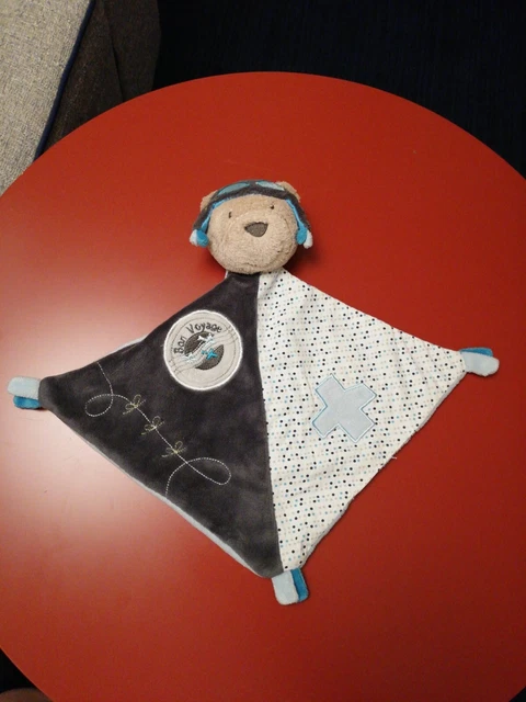 O/ Doudou Sauthon Plat Ours Aviateur Lazare Oscar Bon Voyage Gris Bleu pois
