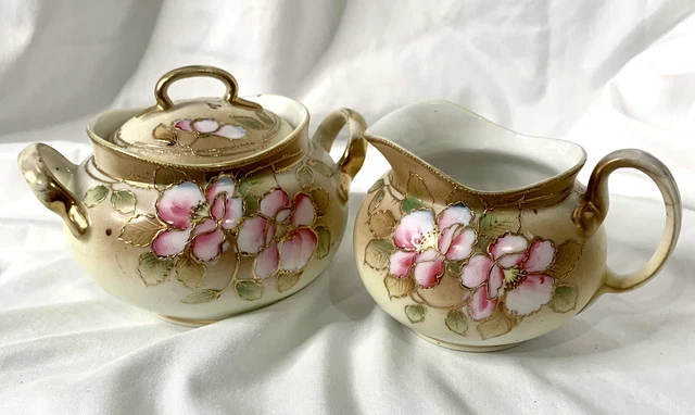 Vintage Creamer Jug & Sugar Bowl Pink Floral Moriage Hand painted Nippon