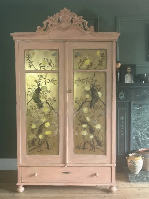 Vintage French Painted Armoire/Wardrobe With Inlaid Peacock Chinoiserie