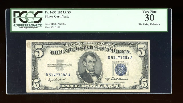DBR 1953-A $5 Silver Fr. 1656 DA Block PCGS 30 Serial D51477282A