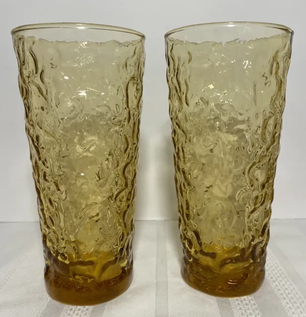 2 Amber MCM Retro Morgantown Tall Crinkle Ice Tea Water Glasses  6 3/4”
