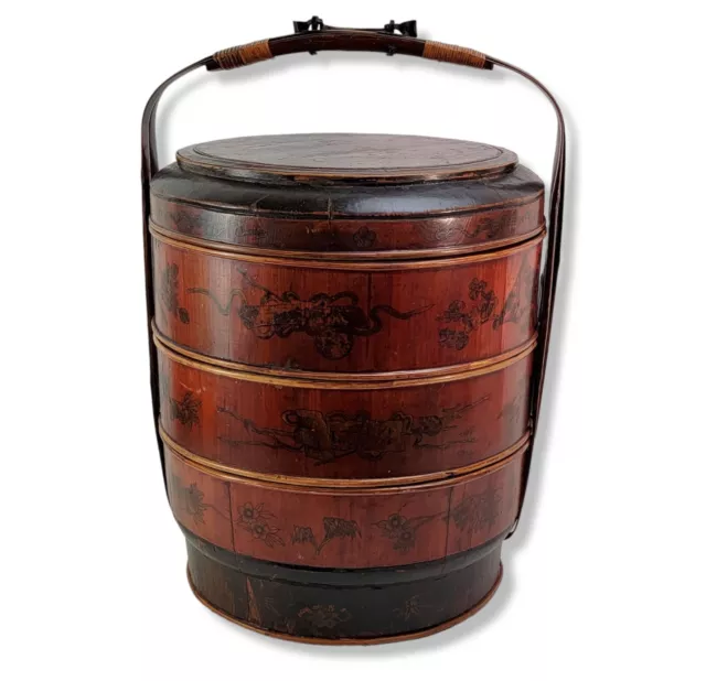 Antique Chinese Nested Food Basket Painted Dragon Bamboo Wood Red Wedding 26"
