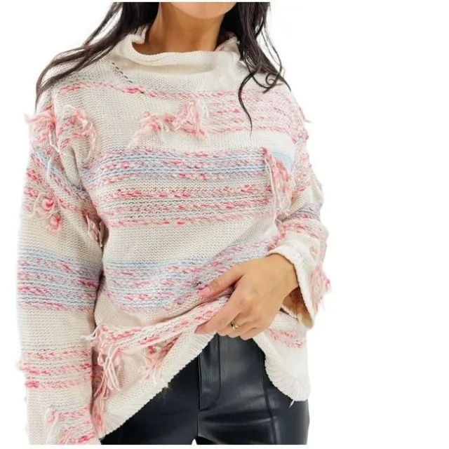 Lou & Grey Womens Fringe Out Mock Neck Chunky Sweater Size Small Oversized NWOT