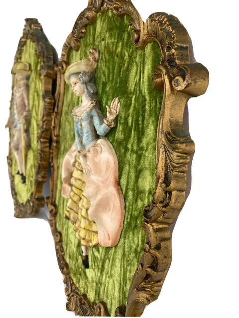 VTG 60's 3D Wall Plaque Baroque Victorian Couple Green Velvet 15" Lot of Two 2